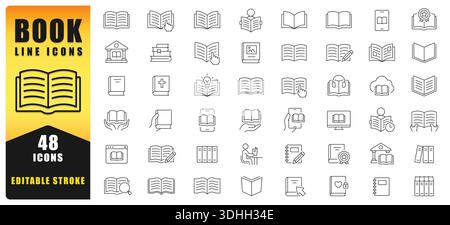 Book Line Icon Set Featuring Reading, Education, Library, Learning, Digital Books, Study, Knowledge And Literature Concepts With Editable Stroke Desig Stock Vector