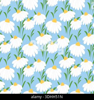 Large daisies on blue background seamless pattern. Floral spring and summer print with chamomiles for textiles, paper, packaging and design. Vector Stock Vector