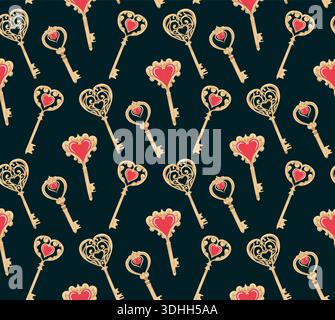 Vector seamless pattern with forged golden keys with hearts. Valentine Day texture with gothic metal keys on dark background for wallpaper and fabric Stock Vector