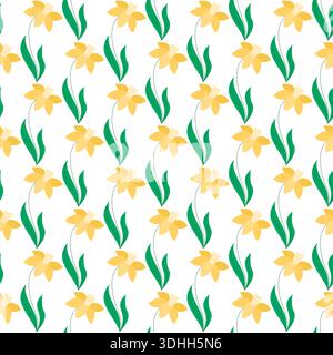 Blooming daffodils seamless pattern. Floral spring background. Yellow flowers on white background - natural print for textiles, paper, packaging Stock Vector