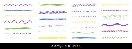 Underline chalk lines and squiggles set, hand drawn doodle sketch colorful underlines thick line border, swoosh. Textured sketchy crayon brush scribbles or wavy strokes. Vector illustration Stock Vector