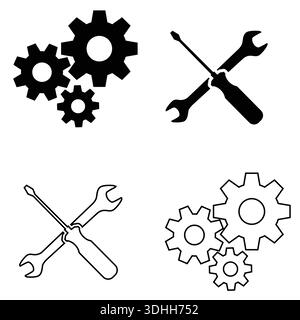 Set of black and white settings icons on white background Stock Vector