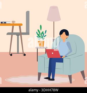 Flat design of a man working from home sitting in an armchair Stock Vector