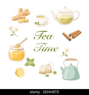 Tea Time Herbal Drink Elements Set Stock Vector
