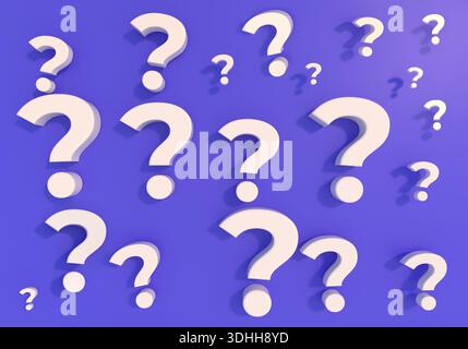 Multiple white 3d question marks scattered on a purple background, symbolizing problems, unknown answers, and decisions Stock Photo