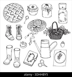Cottage core style elements. Hand drawn set cosy country rural things sketch  Stock Vector