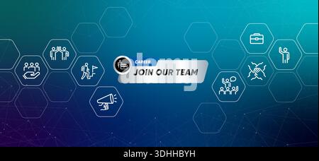 Join our team career banner design background and icons recruitment hiring human resources and business opportunities on a blue gradient web header Stock Vector