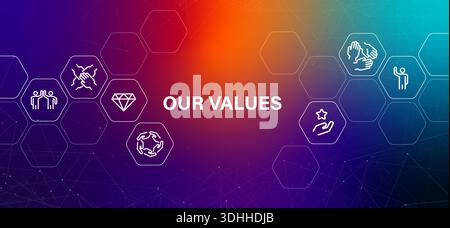 Our values corporate banner design displaying core principles and ethics concept gradient background line icons mission statement Stock Vector