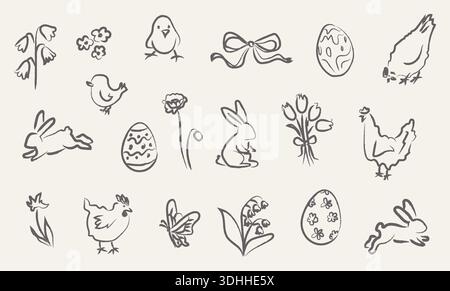 Hand drawn whimsy Easter icon collection with bunny, chick, egg, flower, bow. Childish sketch doodle set in crayon texture style for spring holiday Stock Vector