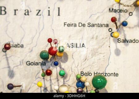 pins marking possible travel points on a Europe map, Republic of Malta, Europe. Stock Photo