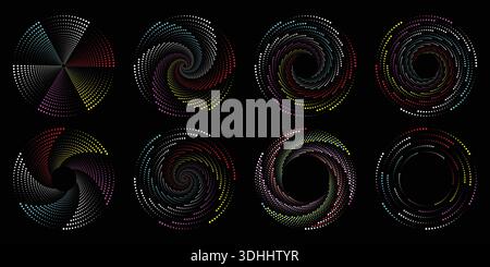 Abstract Colorful Circular Dot Spirals in Rings on Black Background Modern Geometric Art. Stock Vector