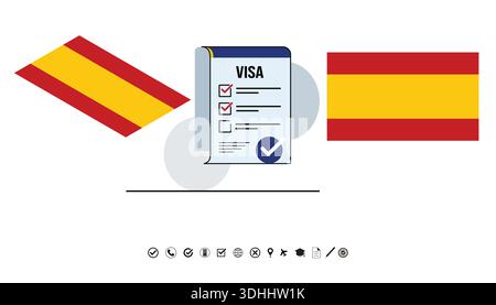 Spain Flags, Visa Checklist Document, Travel Permission, and Global Travel Icons Illustration. Stock Vector
