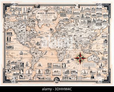 This captivating 1939 pictorial map, "World Wonders" by Ernest Dudley Chase, illustrates the globe with hand-drawn images of famous landmarks and cultural scenes from around the world. The map is bordered by numerous vignettes featuring iconic structures and modes of transport, offering a nostalgic and artistic representation of global exploration and wonder. Stock Photo