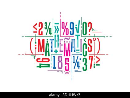 Math word and math symbols on white background. Math concept for education, business, science world. Colorful math background. Stock Vector