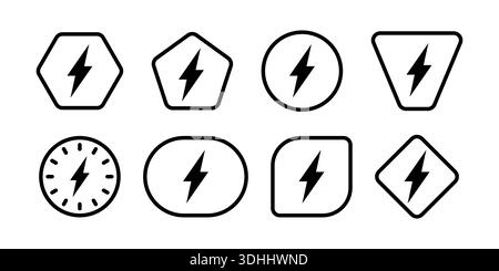 lightning symbol in geometric shapes. lightning concept with eight options. lightning symbol in round, pentagon, hexagon. Stock Vector