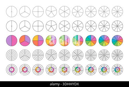 pie chart set. 2 to 10 segmented circles. segmented colored circles. segmented circles set Stock Vector