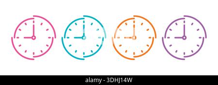 pink, turquoise, orange and purple wall clocks. wall clock face. colorful analog clock concept. Stock Vector