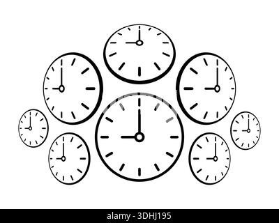 perspective analog clocks. eight wall clock faces. round analog clock Stock Vector