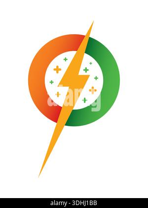 orange-green circle and orange lightning symbol. lightning symbol and plus symbols concept Stock Vector