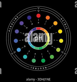 round, circular pH scale concept. pH scale chart. Acidic, neutral, alkaline chart on black background Stock Vector