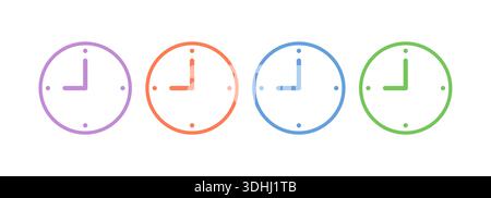 purple, orange, blue and green analog clock face. wall clock concept in four colors. Stock Vector