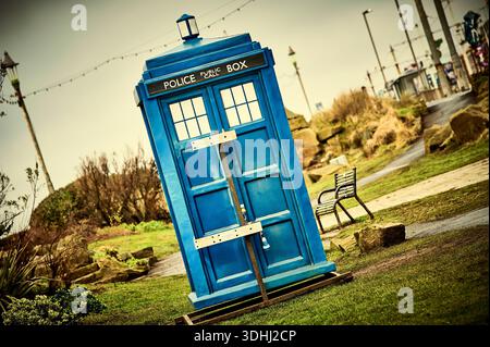 Dr Who's tardis touches down in a  post illuminations Blackpool Stock Photo