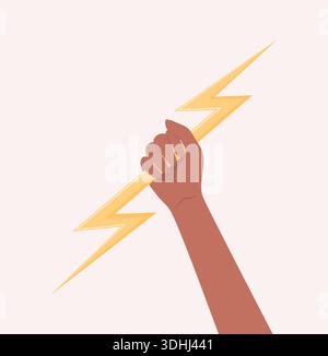 Dark-skinned hand holding up a yellow lightning bolt, flat vector illustration Stock Vector