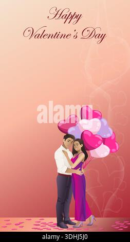 Asian couple with heart-shaped balloons on pink background with floating hearts. Valentine Day design with copy space. Vertical vector illustration. Stock Vector