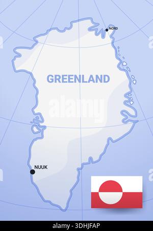 Greenland map with Nuuk and Nord locations political geography Arctic region national flag blue background Stock Vector