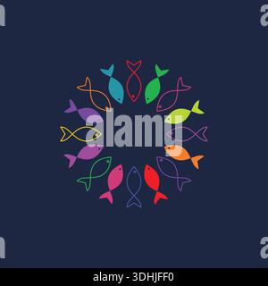 A Colorful Circular Arrangement Of Stylized Fish Icons Creating A Clean And Modern Abstract Visual Composition. Stock Vector