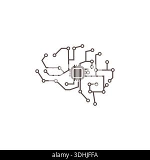 Minimalist Illustration Of A Human Brain Shape Formed By Electronic Circuit Lines And Microchip Elements. Stock Vector