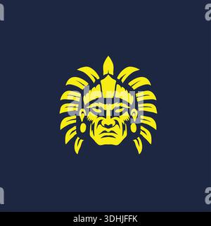 Stylized Tribal Warrior Mask Emblem In Bold Flat Vector Design On Dark Background Stock Vector
