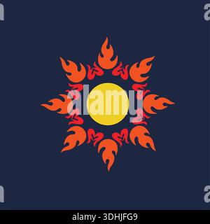 Abstract Sun Symbol With Circular Flame Ornament In Flat Vector Style. Stock Vector