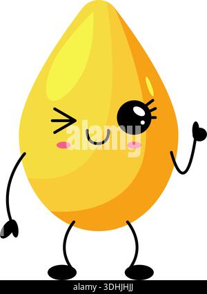 Cute yellow oil drop kawaii character with expressive face isolated on white background. Stock Vector