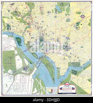 This vintage Esso pictorial map of Washington D.C., created between 1947 and 1948 by General Drafting Co. Inc., intricately details the city's streets, landmarks, and waterways. Designed for tourists, it highlights various points of interest, government buildings, and Esso service stations, making it a functional and visually engaging piece of mid-century cartography. Stock Photo