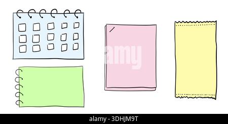 Hand drawn sticky notes and planner papers set with calendar notebook and memo sheets doodle style vector illustration Stock Vector