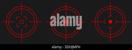 Collection of futuristic red targeting reticles. Vector crosshair symbols for military HUD design, tactical shooter games, weapon scopes, aim Stock Vector