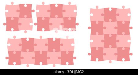 Set of small rectangle jigsaw puzzle pieces grouped in blocks clean pink design with repeated cut shapes for game interface infographic elements Stock Vector