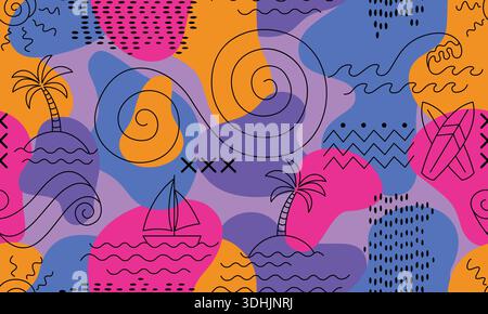 Summer tropical island line art design. Palm tree and beach design with ...