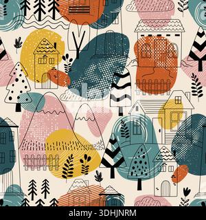 Colorful village and trees vector seamless pattern sketch Stock Vector