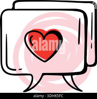 Two speech bubbles with red heart, romantic chat and mutual love connection concept, hand drawn doodle. Stock Vector