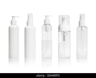 Set of blank cosmetic bottles close-up on white background Stock Photo