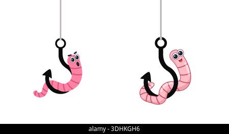 Cartoon worm on a hook. emotion. isolated on a white background. vector illustration. character icon Earthworm. flat style. Crawling animal creature. Stock Vector