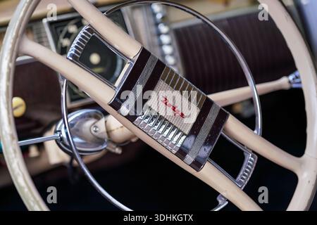 Liptovsky Hradok, Slovakia - June 18, 2022: Closeup detail to steering wheel and dashboard of old Dodge automobile displayed at veteran cars collector Stock Photo