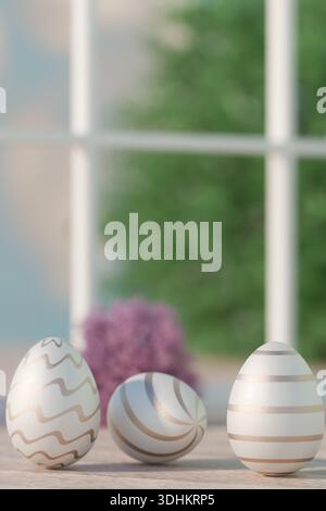 Three decorated Easter eggs with gold patterns on a wooden table, spring flowers in the background. 3d rendering Stock Photo