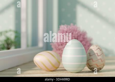 Three pastel Easter eggs with stripes and zigzags sit on a wooden table near a window with a pink flower behind. 3d rendering Stock Photo