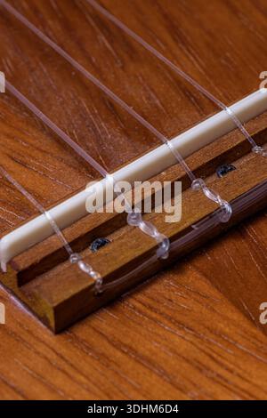 Bridge of a ukulele. Nylon strings tied on the ukulele bridge. Depth of field, details of a wooden ukulele Stock Photo