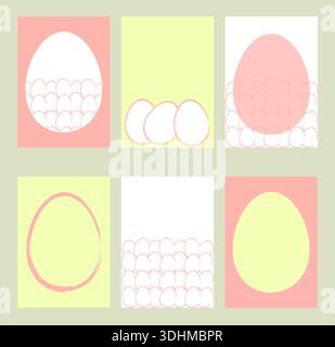 6 Easter egg poster templates. These yellow and coral posters feature white chicken eggs. They're great for advertising, sales, and greetings, with sp Stock Vector