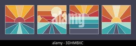 A set of retro landscapes consisting of sunsets, sunrises, mountains, roads, and the sea, drawn in a minimalist style. Stock Vector