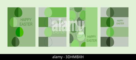 A set of Easter posters with eggs and stripes in green tones in an Art Nouveau style. Perfect for cards, advertising, and sales. Stock Vector